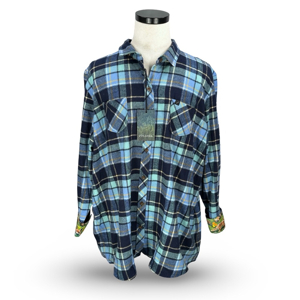 PLADRA Men's Blue Plaid Flannel Shirt Floral Fox Flip Cuffs Size 3X New‎